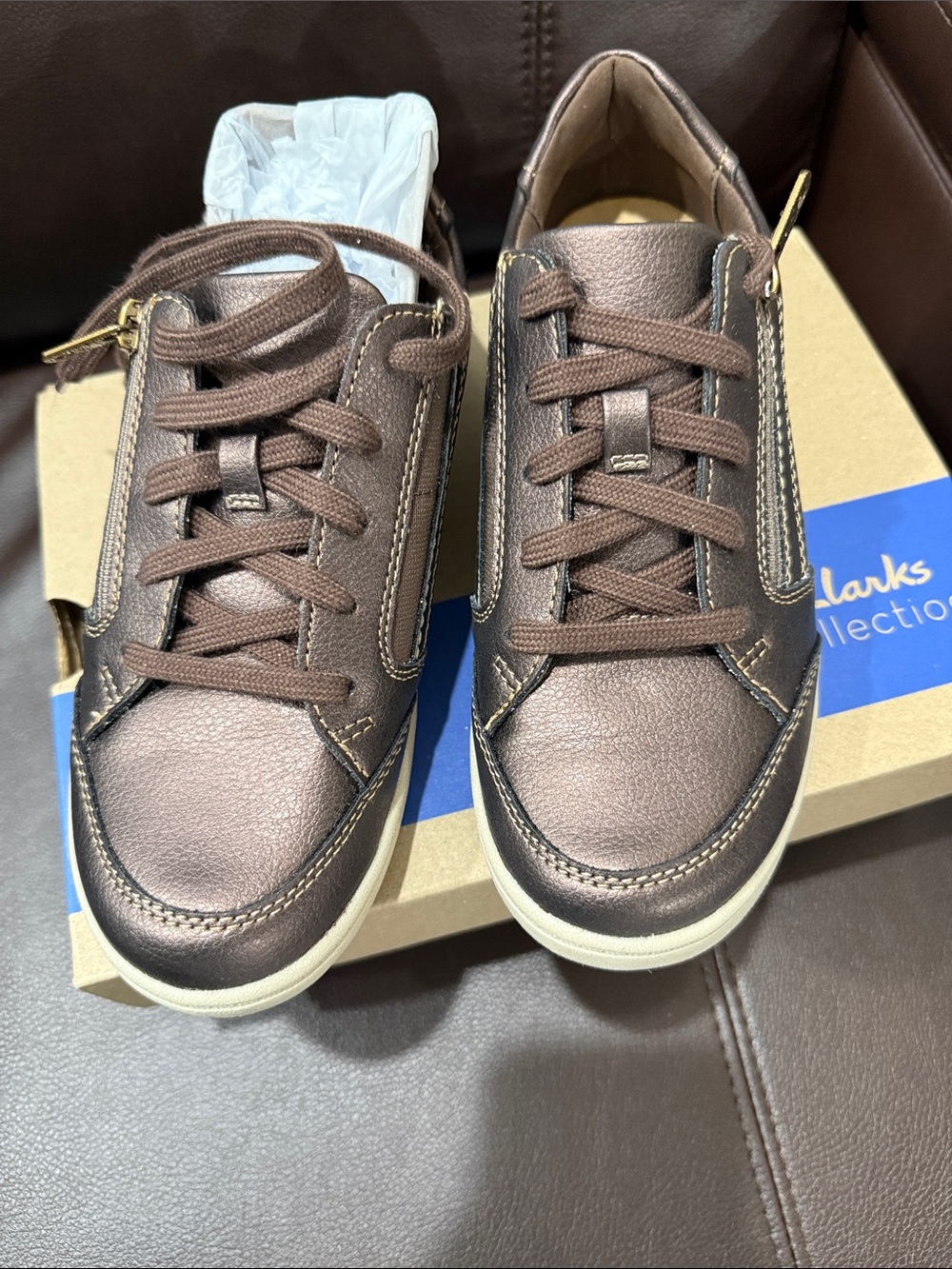 Clarks Brown Metallic Leather Lace-Up Sneakers